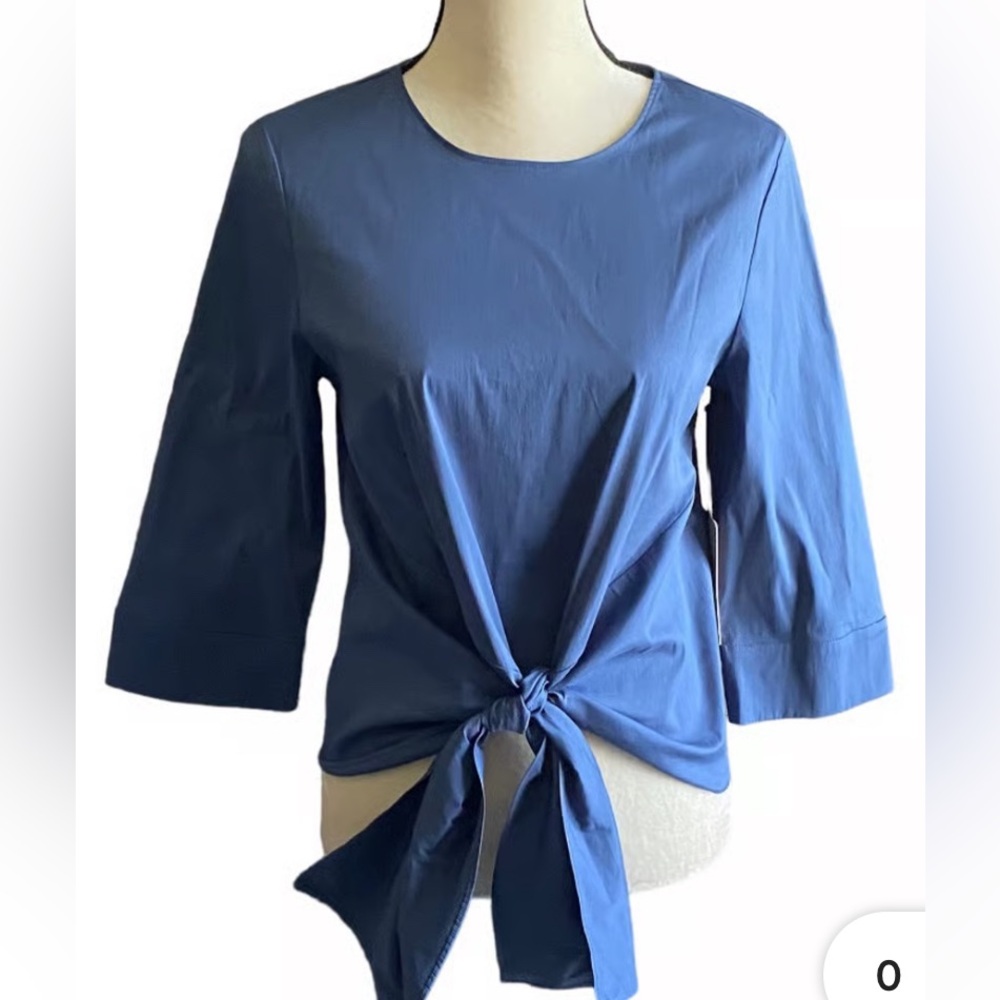 Halogen Blue Tie Front 3/4 Length Sleeve Top Blouse S Business Casual Cotton Bld